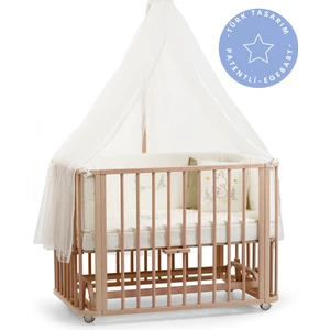 Ege Baby Doğal Ahşap 4 in 1 Beşik + Junior (KM) 70 x 110 - anneyanı, karyola, oyun parkı, montessori + junior yatak