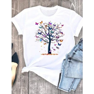 Stıl X Renkli Kelebekler Baskılı Kadın T-Shirt