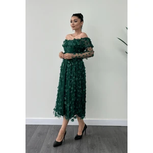 Üç Boyut Çiçekli Kumaş Kayık Yaka Midi Elbise - Zümrüt Yeşil