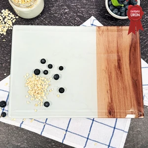 Kanallı Cam Kesme Tahtası - Cam Kesme Tablası | Kenarı Ahşap Desenli | 25cm x 35cm | Patentli Ürün