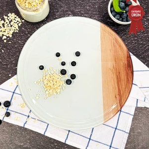 Kanallı Cam Kesme Tahtası - Cam Kesme Tablası | Kenarı Ahşap Desenli | Çap32cm | Patentli Ürün