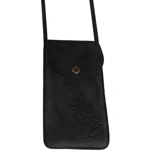 Kadın Çapraz Nubuk Omuz Askılı Telefon Çantası Kılıfı - Çiçekli Siyah