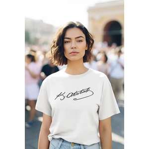 Stıl-X Kemal Atatürk Imza Baskılı Bisiklet Yaka Oversıze %100 Pamuklu Kadın Tshırt