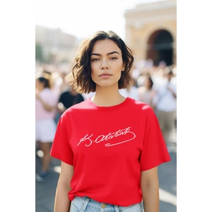 Stıl-X Kemal Atatürk Imza Baskılı Bisiklet Yaka Oversıze %100 Pamuklu Kadın Tshırt