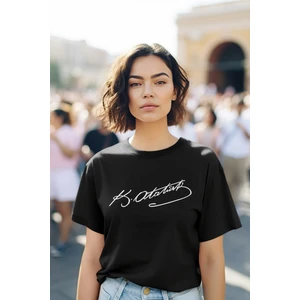 Stıl-X Kemal Atatürk Imza Baskılı Bisiklet Yaka Oversıze %100 Pamuklu Kadın Tshırt