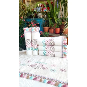 Z&N Style (6'lı Set) Çeyizlik 50X90 Cm. Kanaviçe Çiçek Desenli Püsküllü Kadife Lüks Havlu Seti