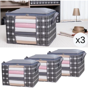 3 Adet Orta Boy Pencereli Kare Desenli Ekose Gri Kazak Pike Battaniye Düzenleyici Hurç Seti 45X40X30 cm