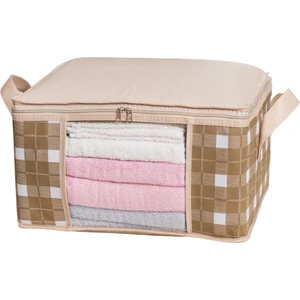 3 Adet Küçük Boy Pencereli Kare Desenli Ekose Bej Dolap Içi Baza Altı Valiz Içi Düzenleyici Hurç Seti 40X30X20 cm