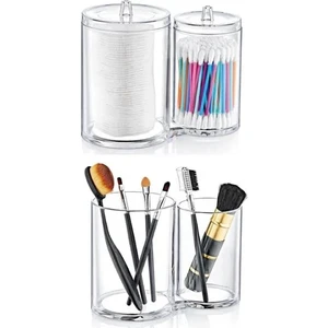 MARIYA HOME Şeffaf İkiz Pamukluk - Kozmetik Makyaj Organizeri - Kapaklı Disk Pamukluk Kulak Çubuk Düzenleyici