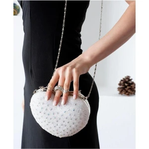 Çanta Trend Kalp Abiye Çanta Kristal Taşlı Gümüş Renk