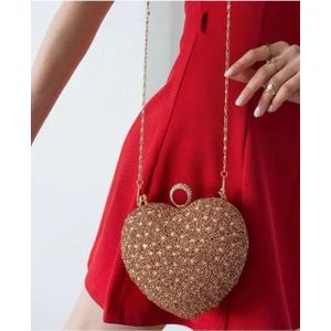 Çanta Trend Kalp Abiye Çanta Kristal Taşlı Gümüş Renk