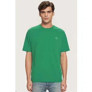 Premium Yeşil Oversize Tişört Erkek Basic Bisiklet Yaka | Düz Pamuklu Tshirt | Beyaz Nakişli Q Logo TRF6001