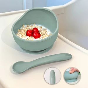 Meleni Baby 2'li Silikon Bebek Beslenme Seti - Vakumlu Mama Kasesi - Diş Kaşıyıcı Silikon Kaşık - Yeşil