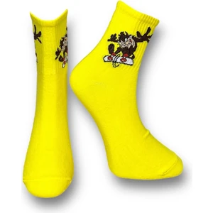 Tekli Sarı Renkli Bay/Bayan Unisex Esnek Nem Alabilen Pamuklu Çizgi Film Karakterli Soket Çorap