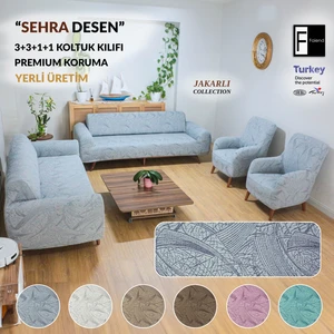 Koltuk Kılıfı Sehra Desen Kanepe Takımı Kılıfı 3+3+1+1 Koltuk Örtüsü Lastili Esnek Yıkanabilir Gri Kanepe örtüsü