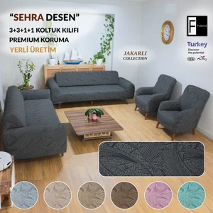 Koltuk Kılıfı Sehra Desen Kanepe Takımı Kılıfı 3+3+1+1 Koltuk Örtüsü Lastili Esnek Yıkanabilir Gri Kanepe Örtüsü