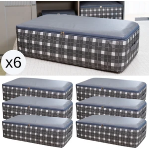 6 Adet Mega Boy Kare Desenli Ekose Gri Baza Altı Düzenleyici Yastık Yorgan Kıyafet Hurcu 75X40X20 cm