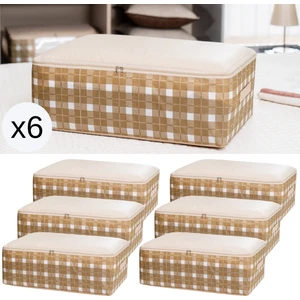 6 Adet Büyük Boy Kare Desenli Ekose Bej Baza Altı Düzenleyici Yastık Yorgan Kıyafet Hurcu 60X40X20 cm