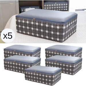 5 Adet Büyük Boy Kare Desenli Ekose Gri Baza Altı Yastık Yorgan Kıyafet Düzenleyici Hurç Seti 60X40X20 cm
