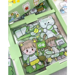 Sevimli Momo 4 Bölümlü 100 Yaprak 500 Adet Yeşil Kutu Sticker Seti  / Etiket / Çıkartma / Bullet Journal / Scrapbook