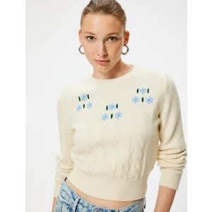 Çiçekli Triko Kazak Uzun Kollu Yumuşak Dokulu