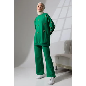 Mihran Butik Kadın Benetton Yeşili Mevsimlik Penye Alt Üst Spor ve Rahat Tesettür Takım