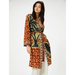 Uzun Kimono Beli Kuşaklı Desenli