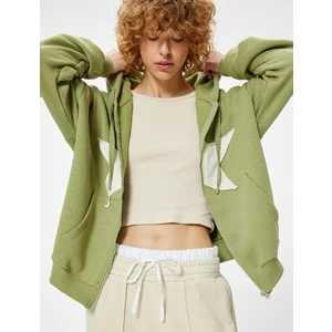 Oversize Fermuarlı Sweatshirt Kapüşonlu Yıldız Işlemeli Cep Detaylı Şardonlu