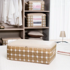 Büyük Boy Kare Desenli Ekose Bej Baza Altı Düzenleyici Yastık Yorgan Kıyafet Hurcu 60X40X20 cm