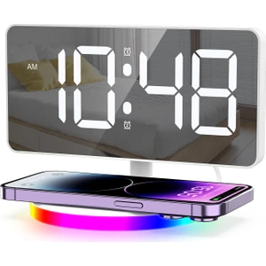 Oria Dijital Çalar Saat Kablosuz Şarj Istasyonu Saat Rgb Atmosfer Gece Lambası Ayna LED Çalar Saat Yeni