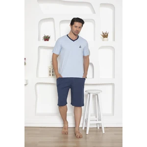 Erkek V Yaka Düğmesiz %100 Pamuk Kısa Kol Cepli Uzun Şortlu Pijama Takımı