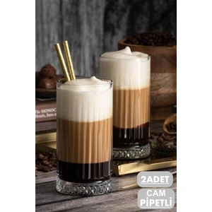 Mis Kitchen 2 Adet Cam Pipetli Çizgi Desenli Soğuk - Sıcak Kahve Bardağı 450ML 2 Adet Bardak 2 Adet Cam Pipet