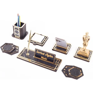 Space+ Atatürk Biblolu Ahşap Masa Isimliği Seti Mermer Desenli Ofis Dekoratif Masa Üstü Isimlik