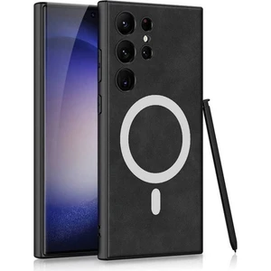 Samsung Galaxy S24 Ultra Uyumlu Kılıf Magsafe Şarj Özellikli Deri Tasarımlı Kıpta Nubuk Kapak, Siyah