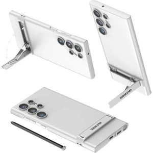 Samsung Galaxy S24 Ultra Uyumlu Kılıf Kamera Korumalı Dikey Standlı Ays Kapak, Gümüş