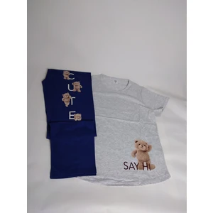 New Pajamas Kadın Gri Lacivert Kısa  Kollu Desenli Bisiklet Yaka Oval Etek Süprem Pijama Takımı