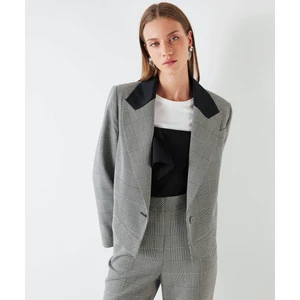 Ekose Desen Saten Garnili Blazer