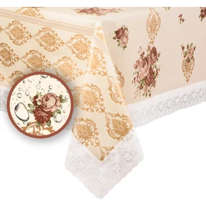 Mutlu Land Çiçekli Damask Pvc Masa Örtüsü Kenar Dantel Krem - Kahverengi