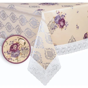 Mutlu Land Çiçekli Damask Pvc Masa Örtüsü Kenar Dantel Krem - Mor