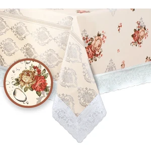 Mutlu Land Çiçekli Damask Pvc Masa Örtüsü Kenar Dantel Krem - Gri