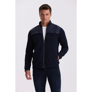 Lacivert Slim Fit Fermuarlı Pamuklu Likralı Eşofman Üstü