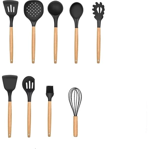 9 Parça Bambu Saplı Chef Kepçe Spatula Isıya Dayanıklı Yanmaz Yapışmaz Silikon Mutfak Seti