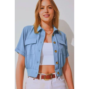 Kadın Buz Mavi Cepli Düğmeli Kısa Kollu Yazlık  Crop Gömlek Ceket HZL22S-BD106631
