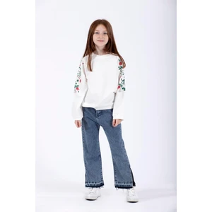 Kız Çocuk Ekru Renkli Reglan Kol Çiçek Baskılı Sweatshirt