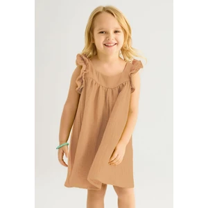 Geniş Büzgülü Kare Yaka Camel Renk Kız Çocuk Elbise