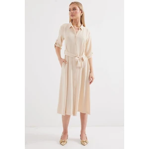 2442 Kuşaklı Gömlek Elbise - Krem