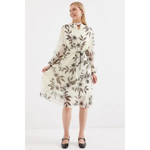 2459 Astarlı Desenli Tül Elbise - Ekru