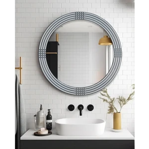 Safir Gümüş Dekoratif Ayna Yuvarlak Ayna Işlemeli Ahşap Duvar Aynası Tekli - 43 cm