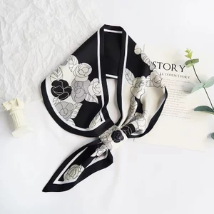 Eleva Glam Kravat Eşarp Siyah Beyaz Çiçekli Desen