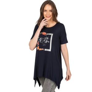 Özkan Underwear Özkan 26721 Kadın Premium Yumuşak Kumaş Lacivert Vorteks Viskon Likralı Önü Baskılı Kısa Kollu Büyük Beden Bluz Tunik